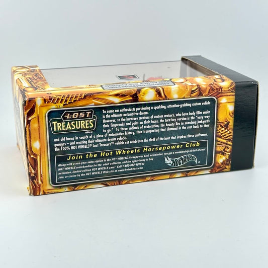 Hot Wheels Lost Treasures car packaging, showing the back of the box with product description text and a Hot Wheels logo.