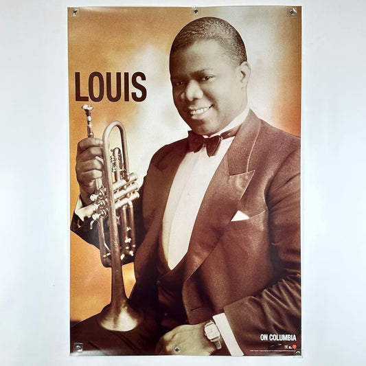 Vintage-style poster of a man in a suit holding a trumpet with 'LOUIS' at the top.