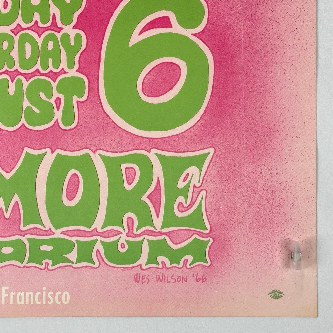 Crisp bottom right corner of poster, green cursive event info, & Wes Wilson signature with “’66” minor edge discoloration