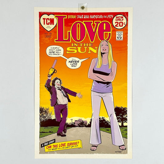 A vintage-style comic art print titled 'Love in the Sun' featuring illustrated figures against an orange-yellow sky.