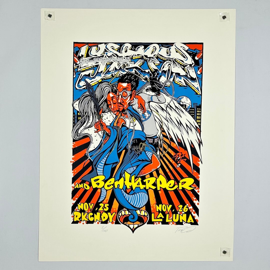 Colorful concert poster with graphic design elements on a gray background