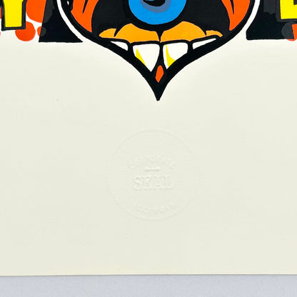 Bottom left corner of poster showing crisp corner and clean edges. Features artist's embossed seal. 