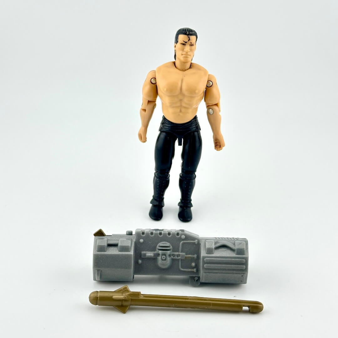 GI Joe/Mortal Kombat action figure in black pants with black hair, pictured with accessories on white background. 