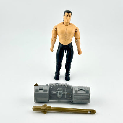GI Joe/Mortal Kombat action figure in black pants with black hair, pictured with accessories on white background. 