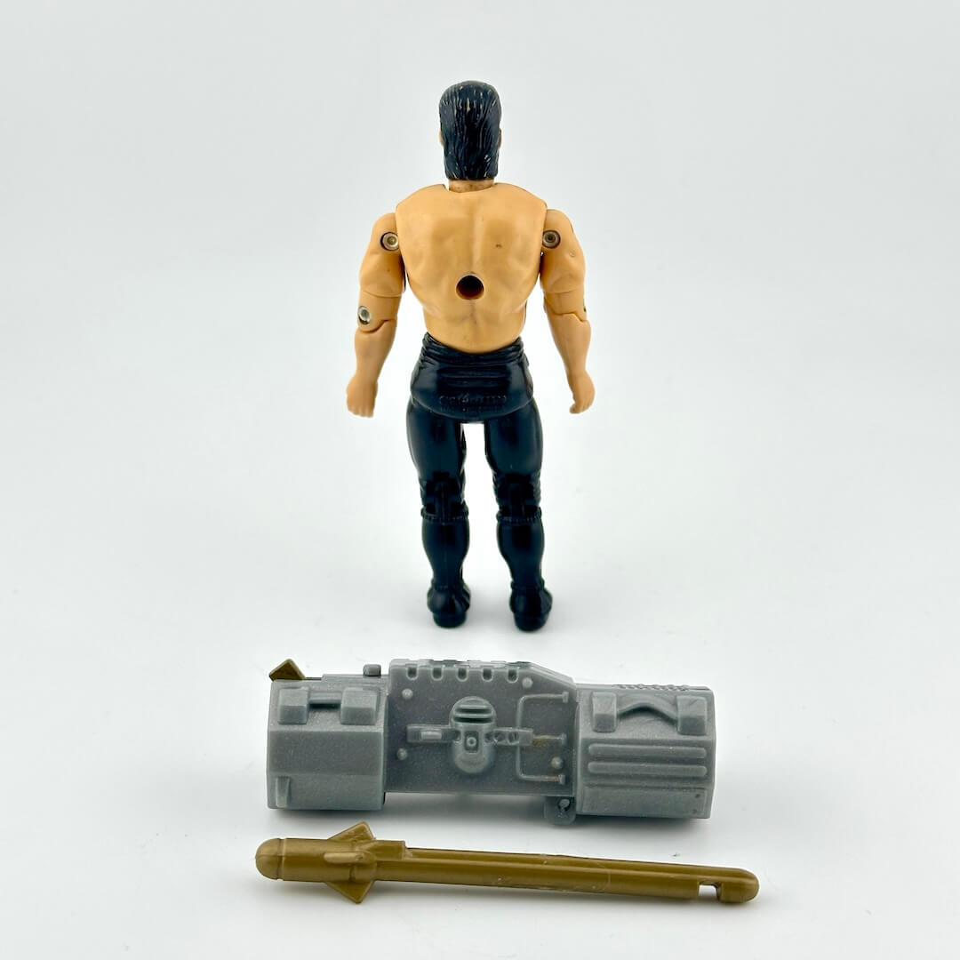 GI Joe/Mortal Kombat action figure in black pants with black hair, pictured with accessories on white background. 