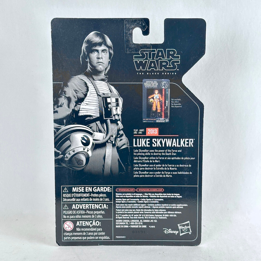 Back of a Star Wars The Black Series Luke Skywalker action figure package, showing character art, & product name.