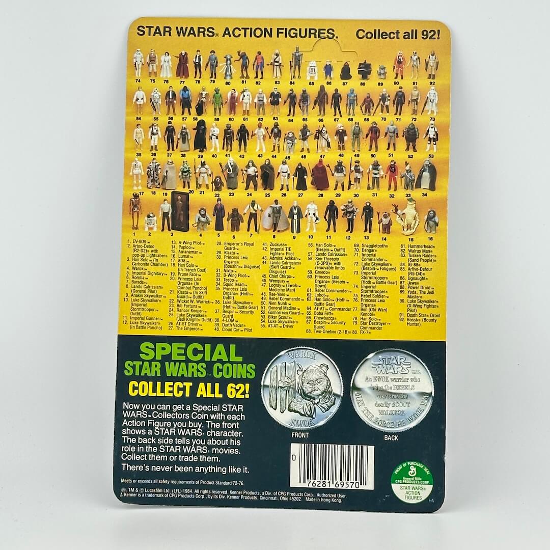 Star Wars action figure collection card with character illustrations and coin information on a yellow and black background.