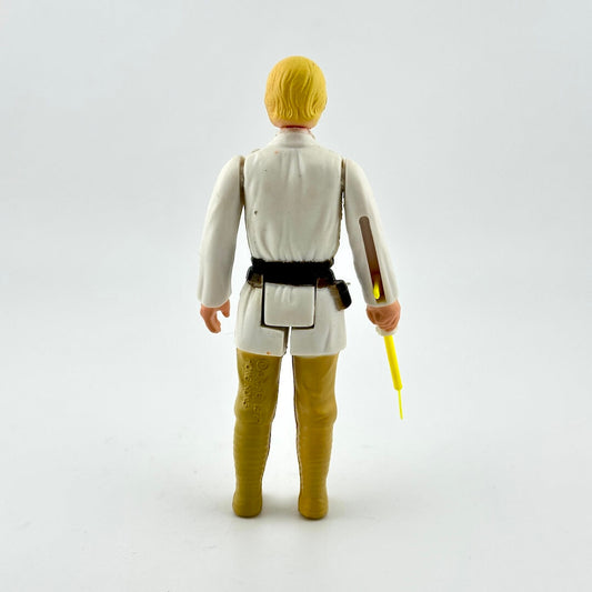 Action figure with yellow hair and a white outfit holding a yellow lightsaber on a white background