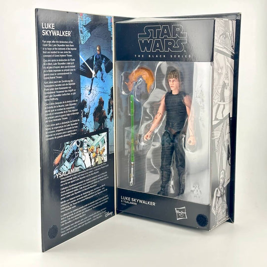 Star Wars The Black Series Luke Skywalker action figure in its original illustrated book-style packaging.