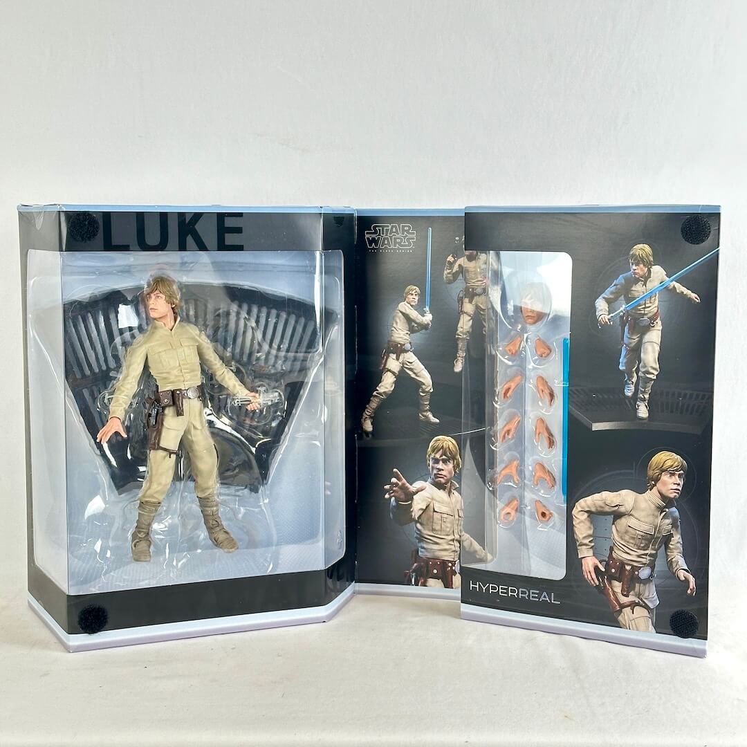 Star Wars Hyperreal Luke Skywalker action figure shown in its display packaging, with the figure visible.