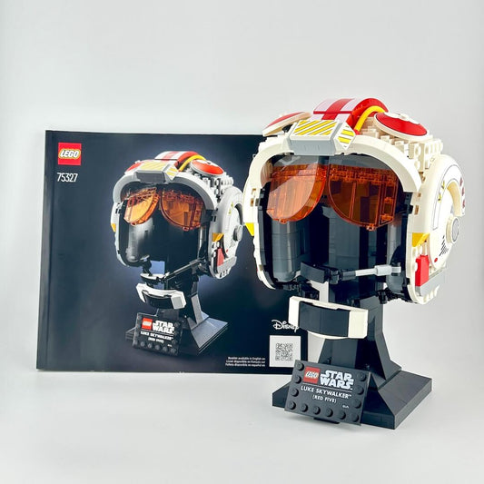 LEGO Star Wars helmet model with packaging on a light gray background