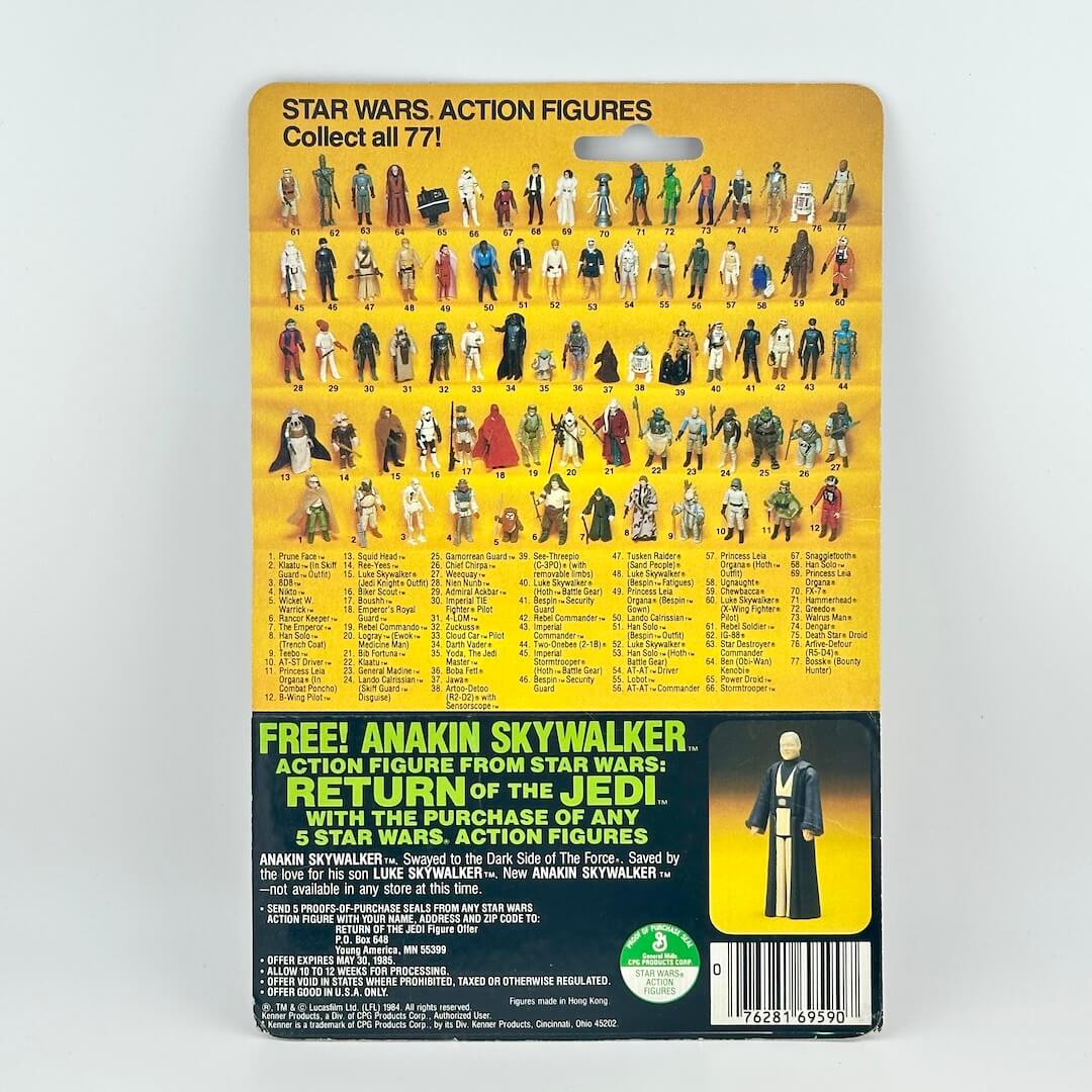 Star Wars action figures packaging with character list on a yellow background