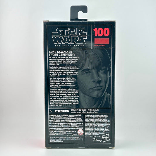 Star Wars Black Series Luke Skywalker figure box back view, featuring a portrait of Luke & product details.