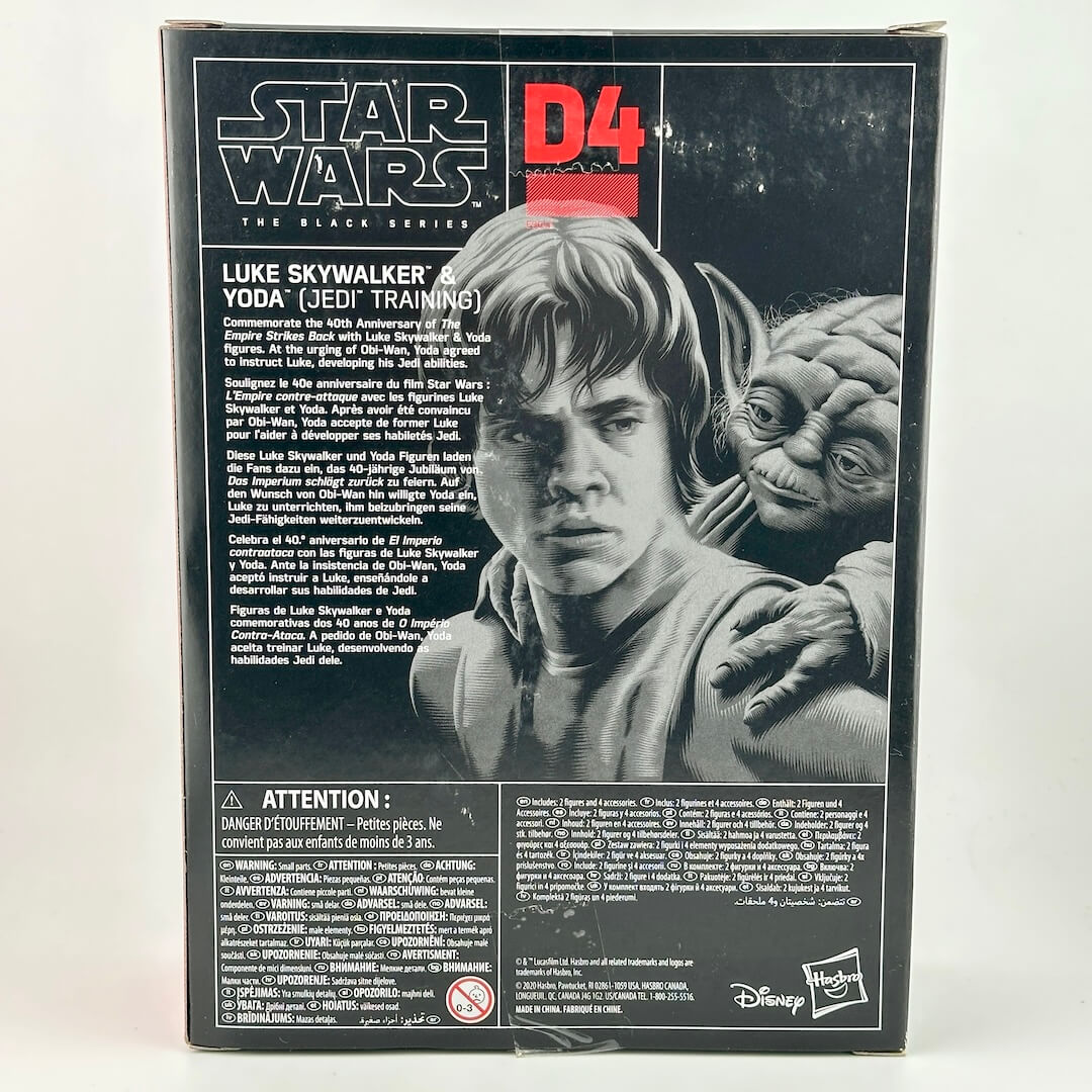 Star Wars The Black Series D4 Luke Skywalker & Yoda (Jedi Training) action figure box back.