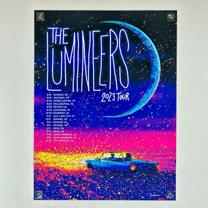 Poster for The Lumineers 2023 tour with a car and moon design on a colorful background.