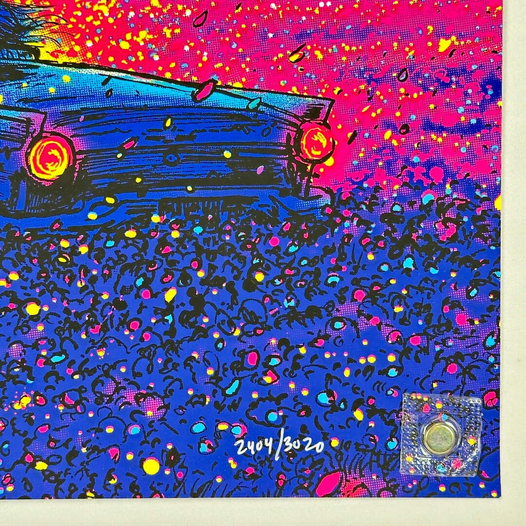 Bottom right corner of poster with crisp corner and clean edges. 
