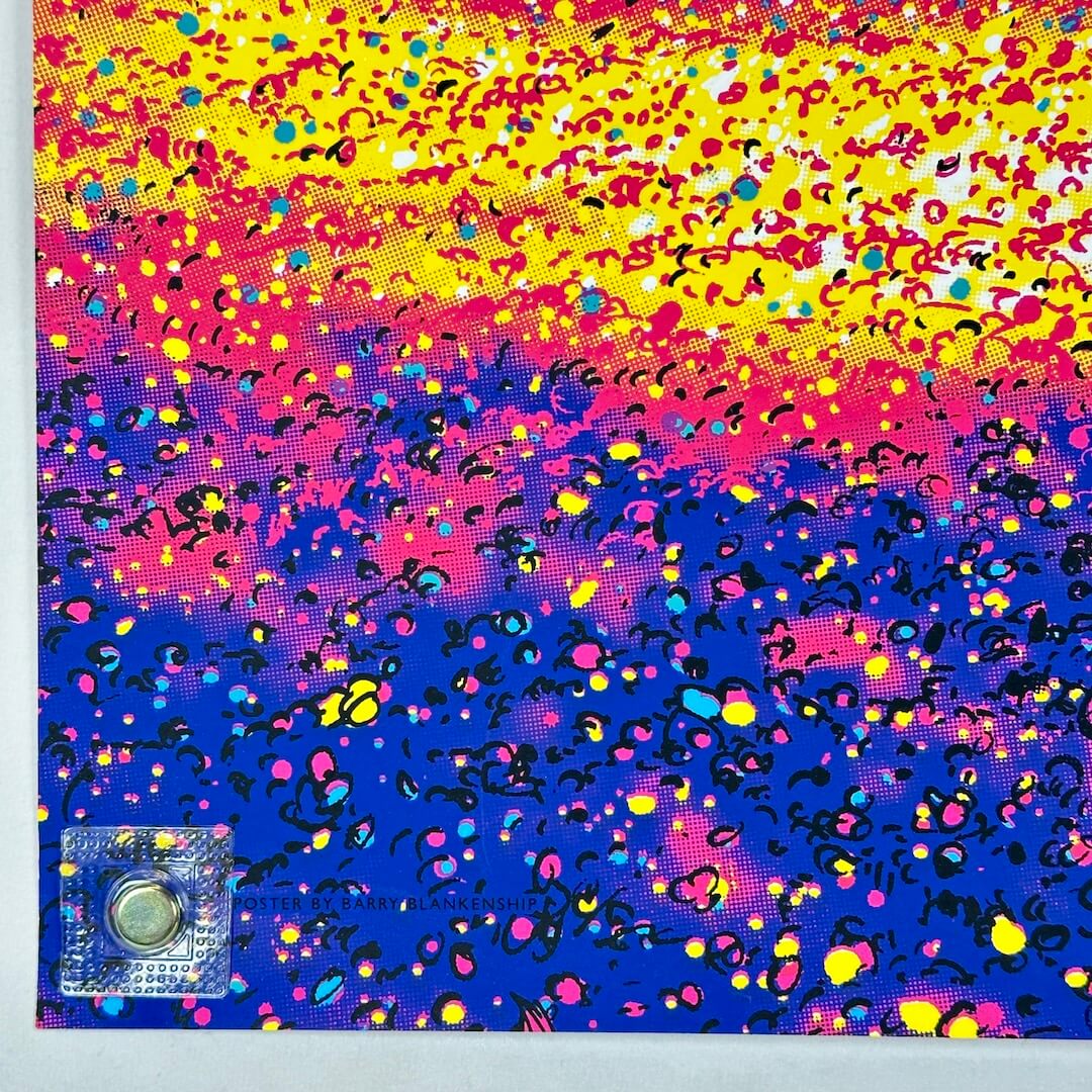 Bottom left corner of poster with crisp corner and clean edges. 