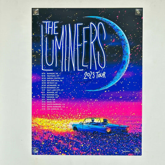 Promotional poster for The Lumineers 2023 tour with a car and moon design.