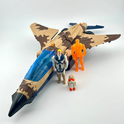 A toy model of a military fighter jet in desert camouflage, accompanied by small action figures.