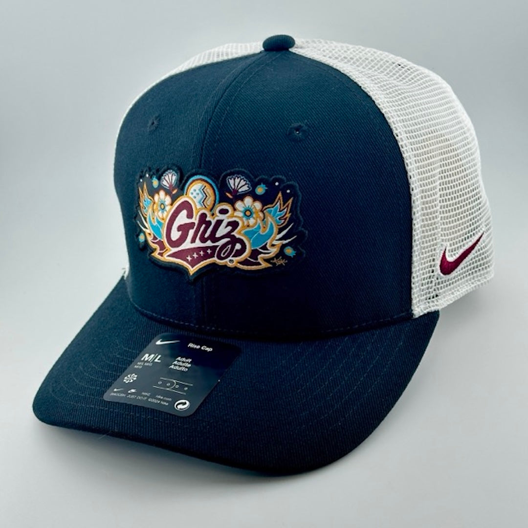 Snapback cap with white plastic mesh back, black brim & face. Artist rendering of GRIZ logo in center. Nike logo on left side