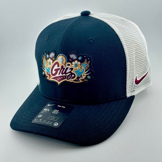 Snapback cap with white plastic mesh back, black brim & face. Artist rendering of GRIZ logo in center. Nike logo on left side