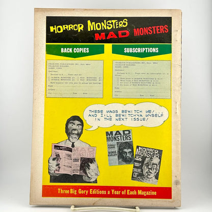 Back cover of magazine with subscription ad for Mad Monsters magazine. 