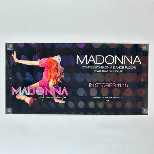 Promotional poster for Madonna's album 'Confessions on a Dance Floor' with a dancer in a pink dress.