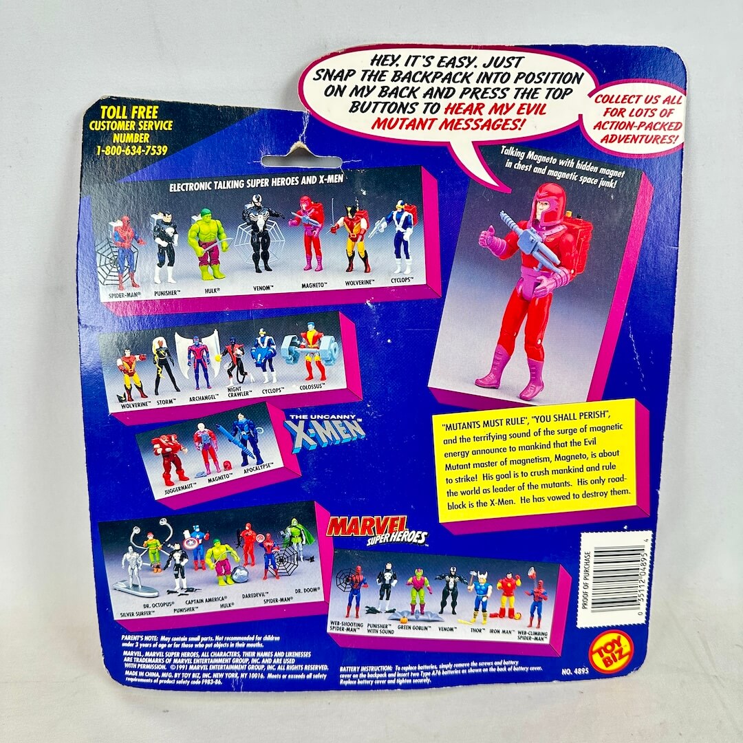 Vintage Marvel Super Heroes action figure packaging with character illustrations and promotional text.
