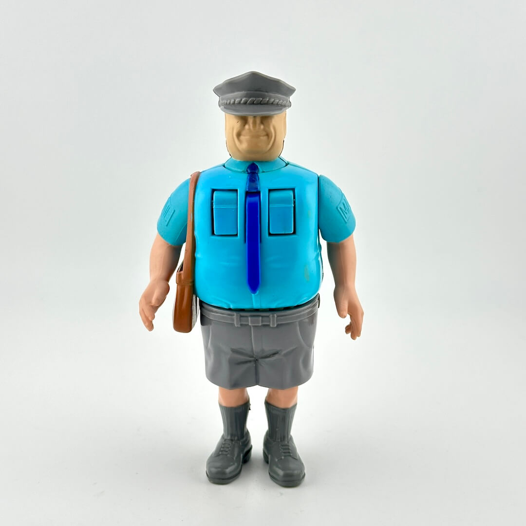 Action figure in a blue uniform with gray cap and gray shorts on a white background