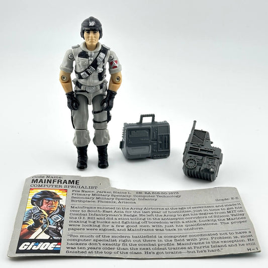 Toy figure of a character in military gear with accessories and a card on a white background