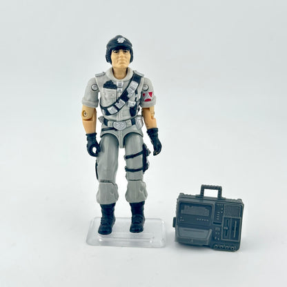 Action figure in a gray uniform with a helmet and a small radio-like device on a white background