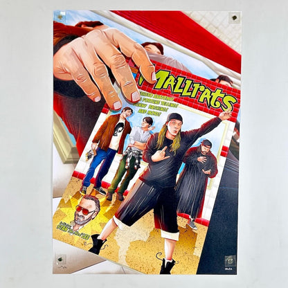 Art print featuring a stylized illustrated scene with a hand holding a smaller inset print.