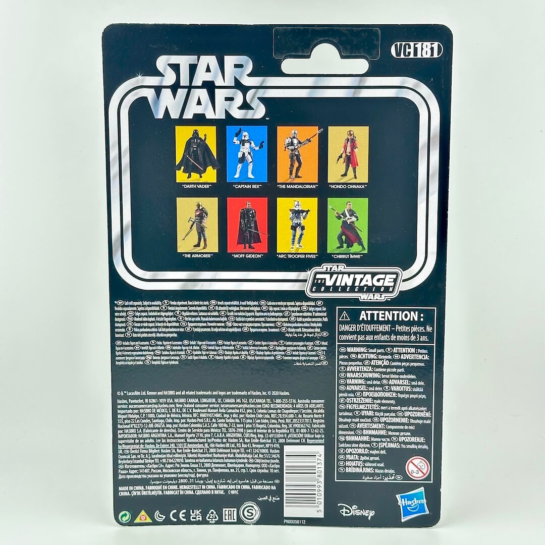 Back of a Star Wars Action Figure package, featuring images of other available figures & warning labels.