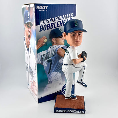 Baseball bobblehead figure with packaging displaying 'Marco Gonzales' branding.