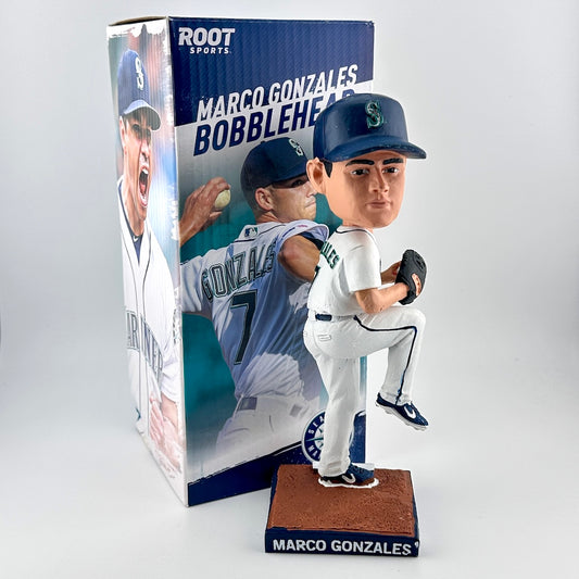 Baseball bobblehead figure with packaging displaying 'Marco Gonzales' branding.