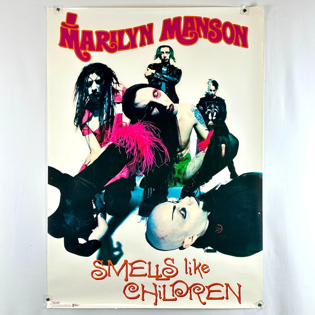 Poster of Marilyn Manson with the album 'Smells Like Children' on a white background