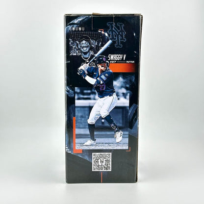 Baseball player action figure packaging with a QR code on a white background