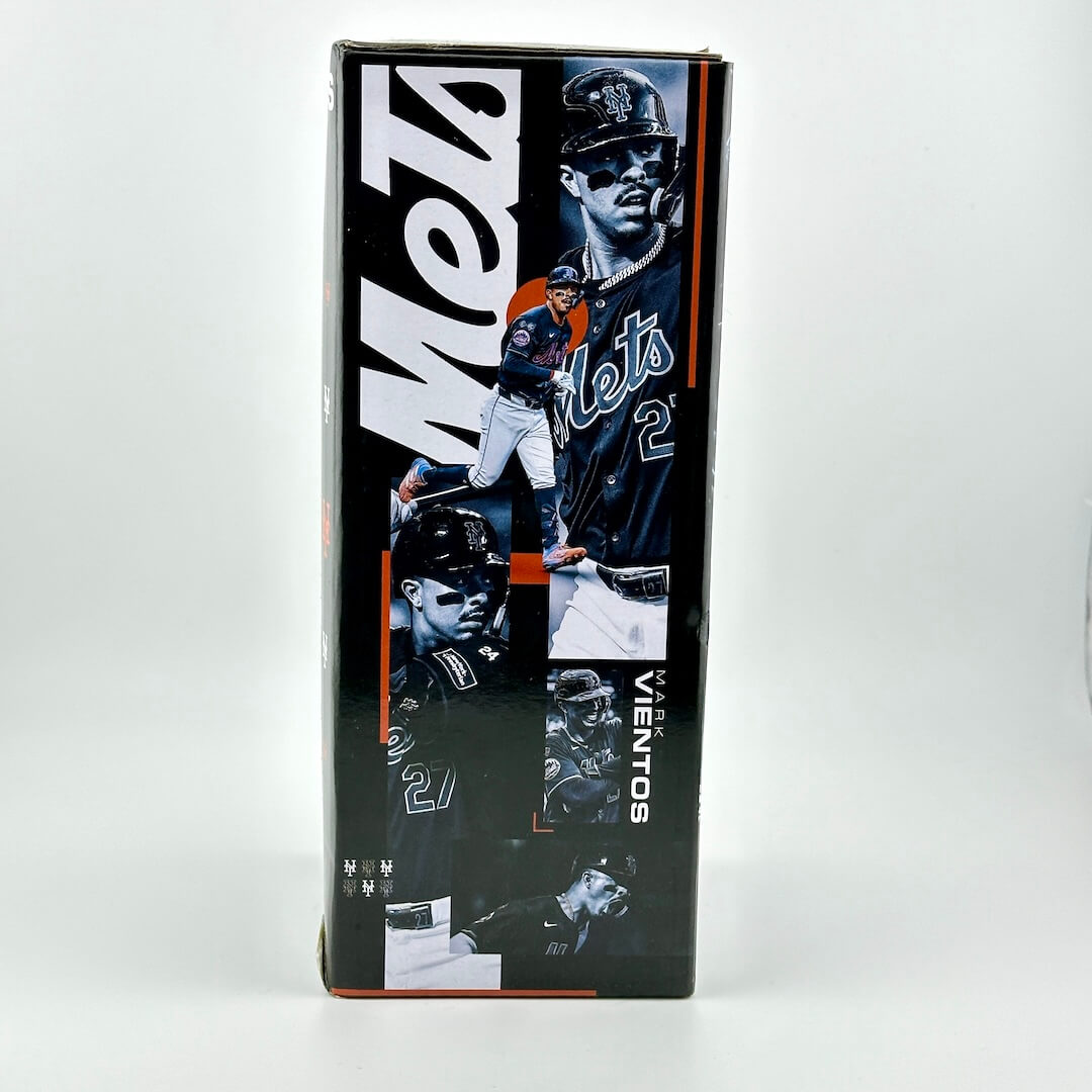 Product packaging with a baseball player and 'METS' branding on a white background