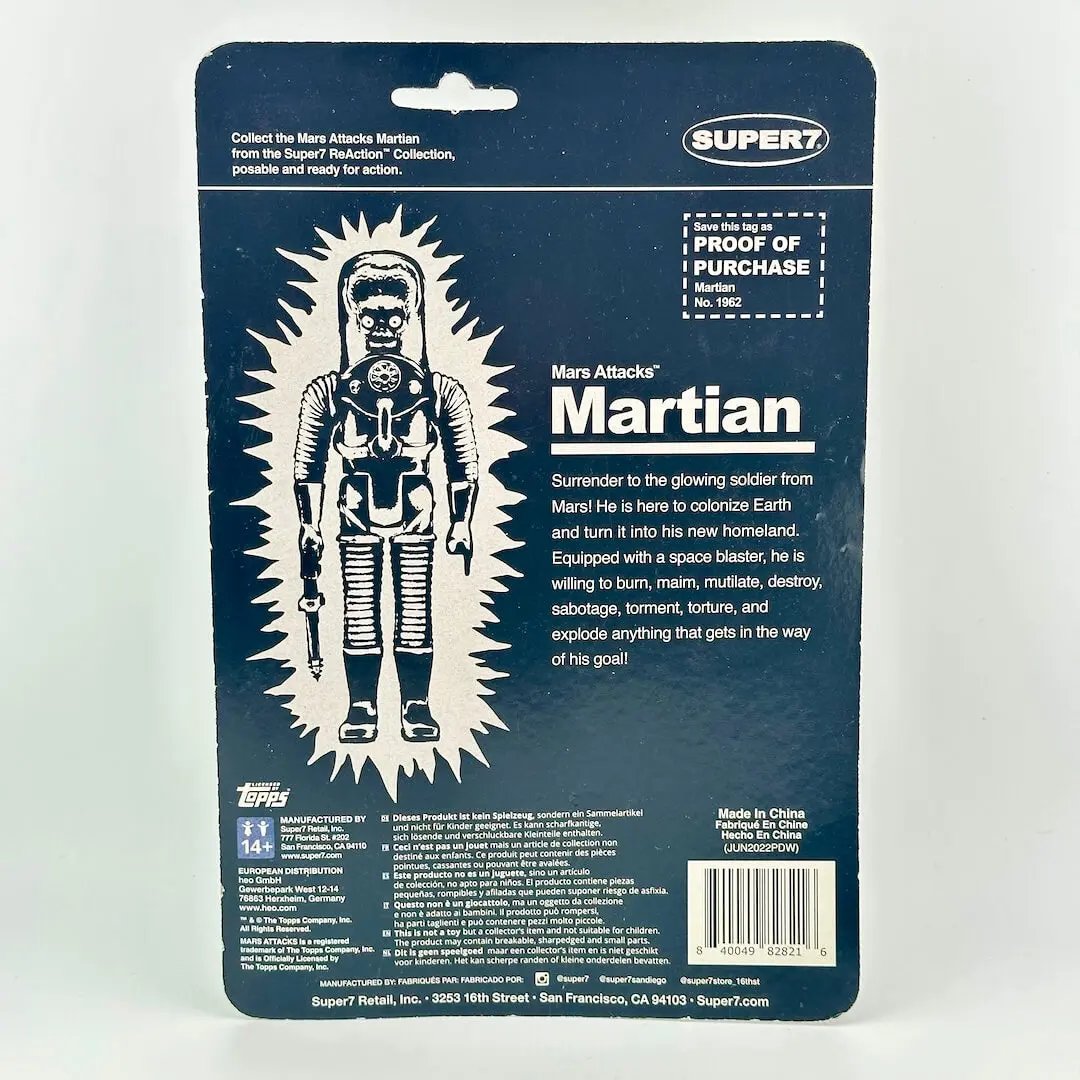 Super7 Topps Mars Attacks Martian action figure blister card packaging, showing the back of the card.