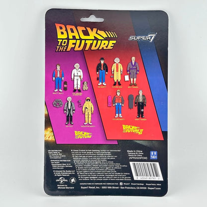 Super7 action figure blister card packaging, showing the back of the card with character illustrations and product details.