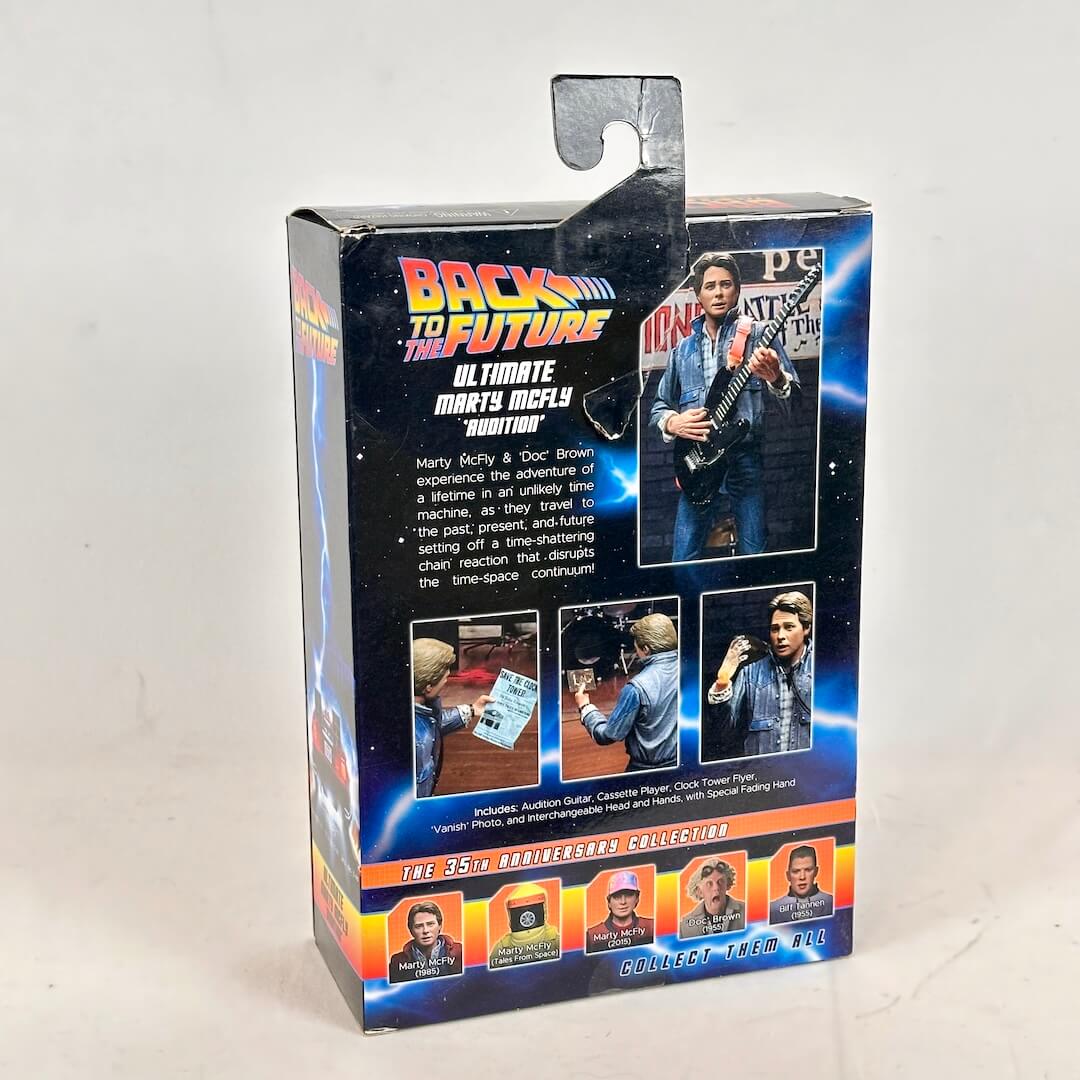 Back to the Future action figure packaging with character images and text on a white background