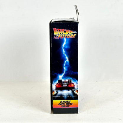 Back to the Future toy figure packaging with lightning and DeLorean design on a white background