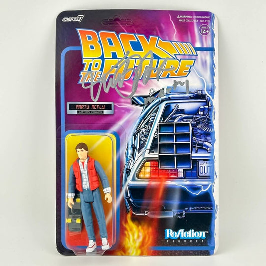Toy figure packaging for 'Back to the Future' with Marty McFly and DeLorean.