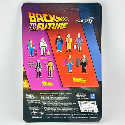 Back to the Future action figure packaging with characters and branding.