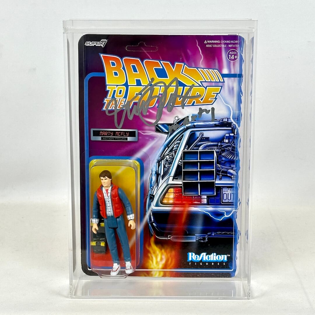 Toy figure packaging with 'Back to the Future' branding on a white background