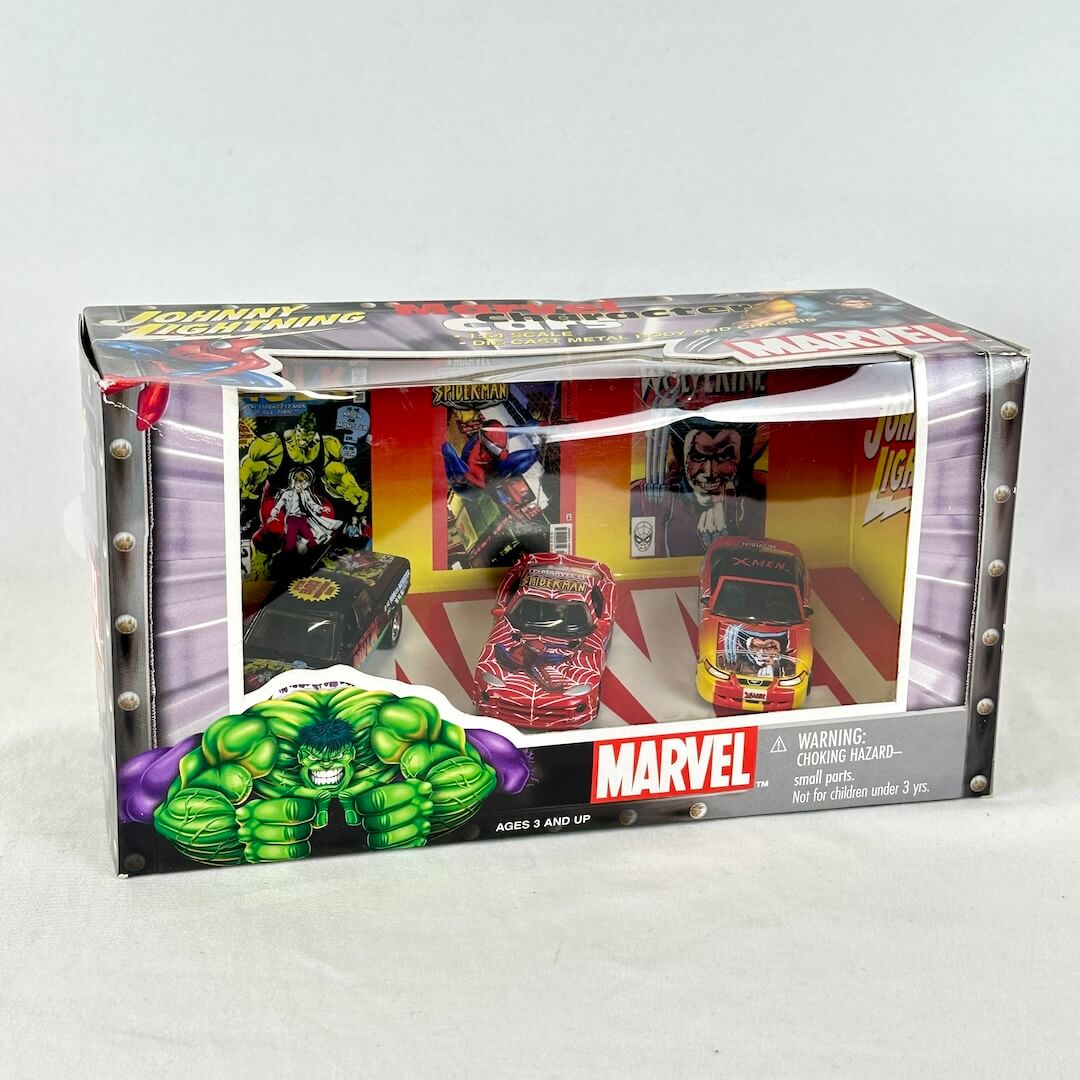 Marvel toy cars in original retail packaging, featuring three die-cast cars visible through a clear window box.