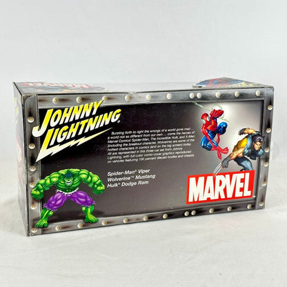 Vintage Marvel Johnny Lightning action figure box, featuring artwork of Spider-Man, Wolverine, & Hulk.