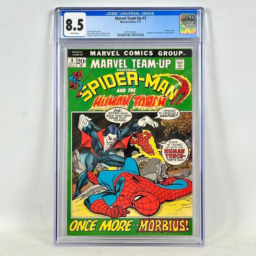Encapsulated comic book featuring Human Torch and Spiderman on white background. 