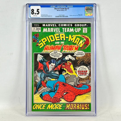 Encapsulated comic book featuring Human Torch and Spiderman on white background. 