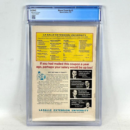 Backside of encapsulated comic book featuring an ad for a university on white background. 